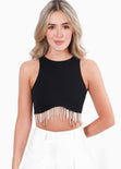 Crop top sin mangas con apliques de perlas color negro para mujer - Flashy