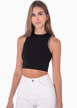 Crop top sin mangas con perlas color negro para mujer - Flashy