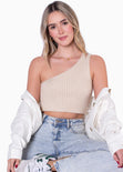 Crop top tejido de un solo hombro color beige para mujer - Flashy