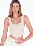 Crop top tipo corset de tiras y tipo gamuza color beige para mujer - Flashy