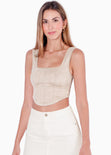 Crop top tipo corset de tiras y tipo gamuza color beige para mujer - Flashy