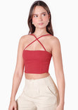 Crop top tipo corset strapless con tiras cruzadas en escote color rojo para mujer - Flashy