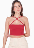 Crop top tipo corset strapless con tiras cruzadas en escote color rojo para mujer - Flashy