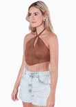 Crop top tipo halter con abertura y con aplique de piedras brillantes color café para mujer - Flashy