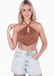 Crop top tipo halter con abertura y con aplique de piedras brillantes color café para mujer - Flashy