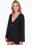 Enterizo de short con anudado en escote y manga larga color negro para mujer - Flashy