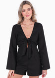 Enterizo de short con anudado en escote y manga larga color negro para mujer - Flashy