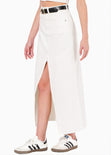 Falda larga de jean con abertura en frente color marfil, denim, blanco para mujer - Flashy