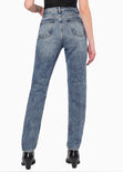 Jean recto de tiro alto con brillantes en bolsillos color azul, denim para mujer - Flashy