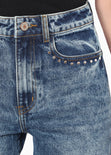 Jean recto de tiro alto con brillantes en bolsillos color azul, denim para mujer - Flashy