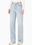 Jean Semi wide leg tiro alto con cinta para anudar en cintura color azul para mujer - Flashy
