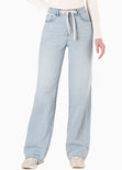 Jean Semi wide leg tiro alto con cinta para anudar en cintura color azul para mujer - Flashy