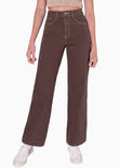 Jean tiro alto wide leg color café, denim para mujer - Flashy