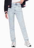 Mom jean tiro alto color azul, denim para mujer - Flashy