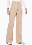 Pantalón ancho tipo lino de tiro alto con pinzas color beige para mujer - Flashy