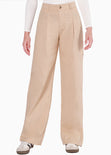 Pantalón ancho tipo lino de tiro alto con pinzas color beige para mujer - Flashy