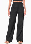 Pantalón ancho tipo sastre de lino y con pinzas color negro para mujer - Flashy
