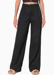 Pantalón ancho tipo sastre de lino y con pinzas color negro para mujer - Flashy