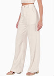 Pantalón recto tipo lino con tiro alto y bolsillos color beige para mujer - Flashy