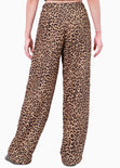Pantalón recto tipo lino, de animal print, con elástico en cintura y anudado color café para mujer - Flashy