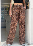 Pantalón recto tipo lino, de animal print, con elástico en cintura y anudado color café para mujer - Flashy