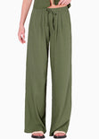 Pantalón wide leg con elástico y prenses, en tela con textura color verde para mujer - Flashy