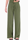 Pantalón wide leg con elástico y prenses, en tela con textura color verde para mujer - Flashy