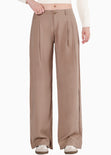 Pantalón wide leg de tiro bajo color café para mujer - Flashy
