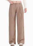 Pantalón wide leg de tiro bajo color café para mujer - Flashy