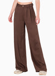 Pantalón wide leg tiro alto color café para mujer - Flashy