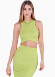 Set de falda midi y crop top halter sin mangas color verde para mujer - Flashy
