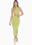 Set de falda midi y crop top halter sin mangas color verde para mujer - Flashy
