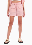 Short de tiro alto tipo lino con elástico en cintura y bolsillos color rosado para mujer - Flashy