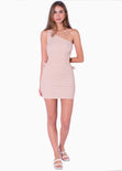 Vestido corto de un solo hombro con abertura en costados color beige para mujer - Flashy