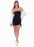 Vestido corto strapless con recogido en costado color negro para mujer - Flashy