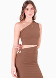 Vestido largo de un solo hombro con cut out en costado color café para mujer - Flashy