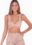 Crop top con tiras de ruche y escote anudado color rosado para mujer - Flashy