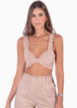 Crop top con tiras de ruche y escote anudado color rosado para mujer - Flashy