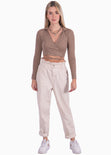 Crop top manga larga con escote en v y anudados color beige para mujer - Flashy