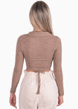Crop top manga larga con escote en v y anudados color beige para mujer - Flashy