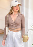 Crop top manga larga con escote en v y anudados color beige para mujer - Flashy