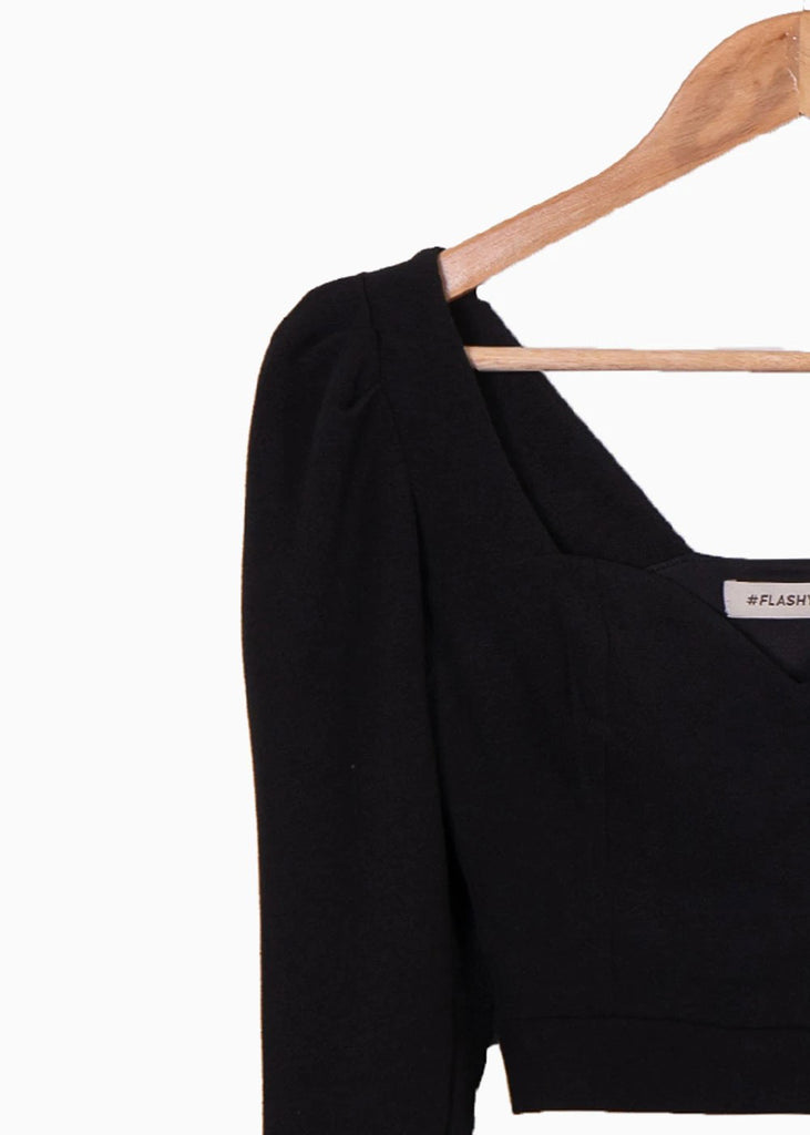 Blusa crop manga larga con escote cuadrado color negro para mujer - Flashy