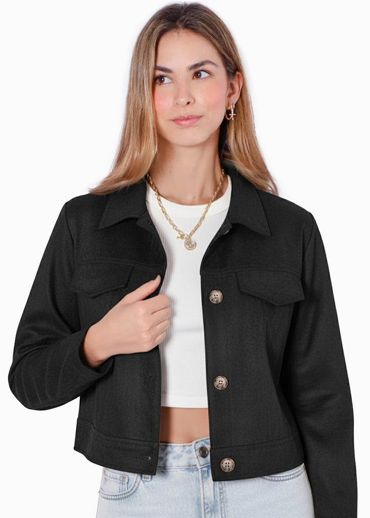 Chaqueta tipo gamuza con entrelazado en cuello y bolsillos - CEIBA.NEGRO