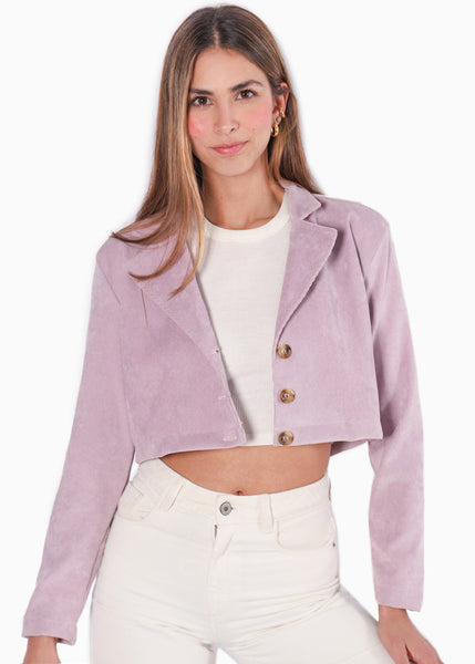 Blazer tipo sastre corto de corduroy color lila para mujer - Flashy