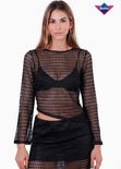 Blusa asimétrica en malla con manga campana para mujer - Flashy