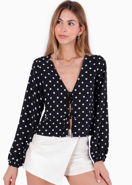 Blusa con anudados mangas bombachas y estampado puntos - SALAMANCA.PUNTOS