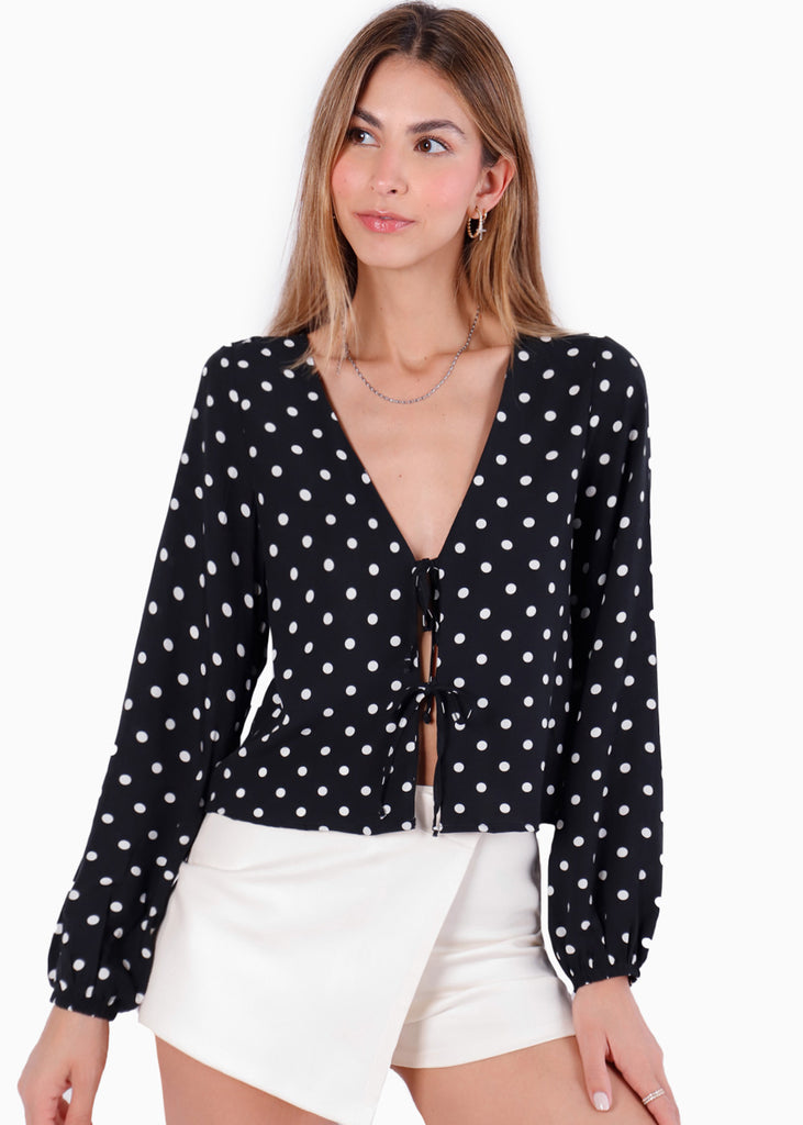 Blusa con anudados mangas bombachas y estampado puntos - SALAMANCA.PUNTOS