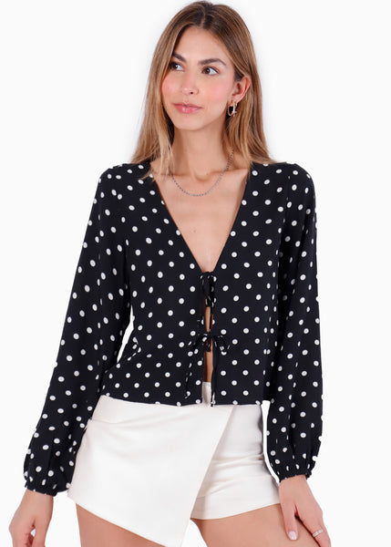 Blusa con anudados mangas bombachas y estampado puntos - SALAMANCA.PUNTOS