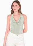 Blusa con drapeado en escote tipo halter color verde para mujer - Flashy