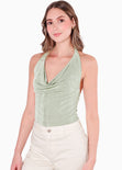 Blusa con drapeado en escote tipo halter color verde para mujer - Flashy